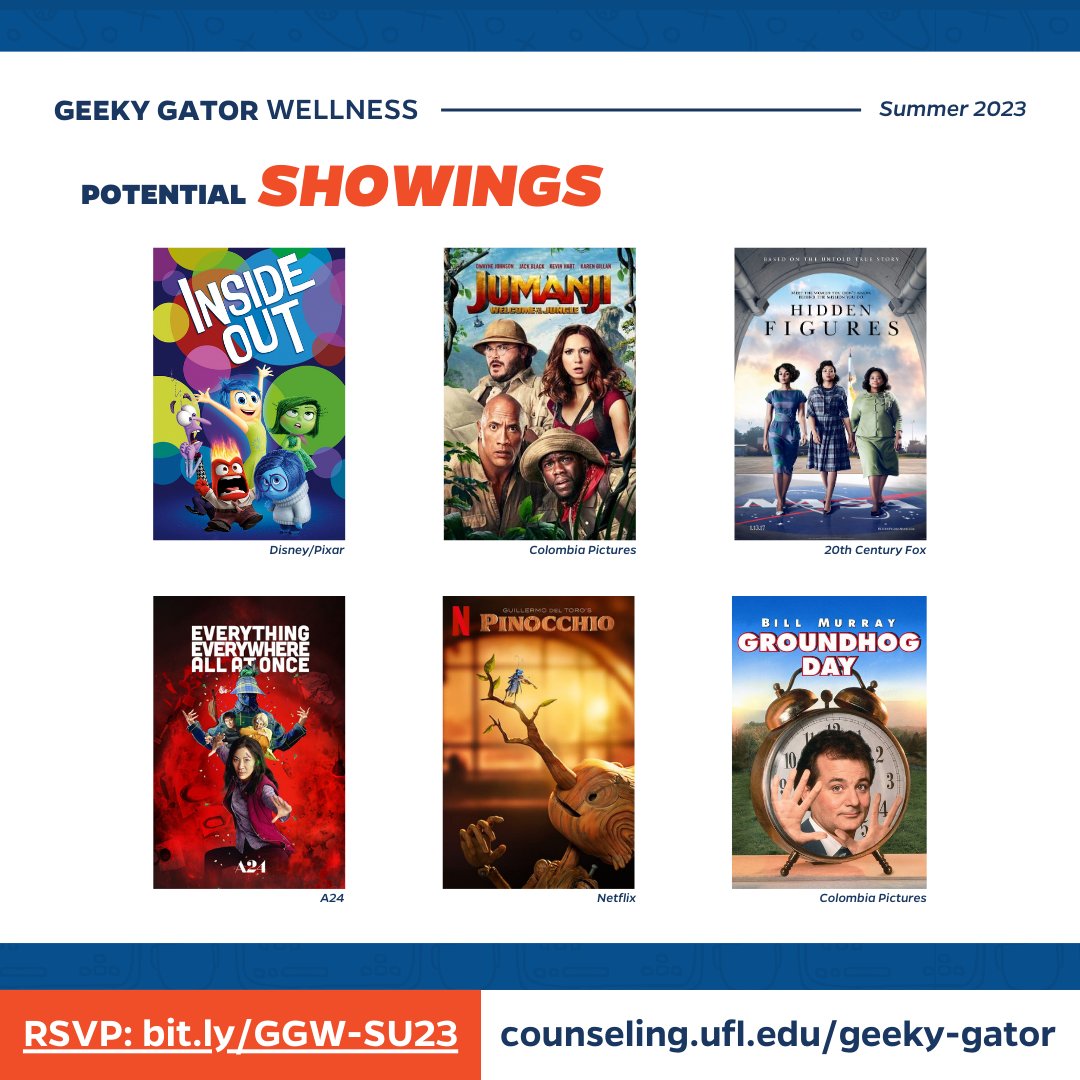 The Geeky Gator Wellness Program is designed to help you LEVEL UP 🌟 your overall wellness! One way to do so is by connecting with others at events like Movie Mondays! 🎥 🤓

RSVP today to join us! 🔗: bit.ly/GGW-SU23