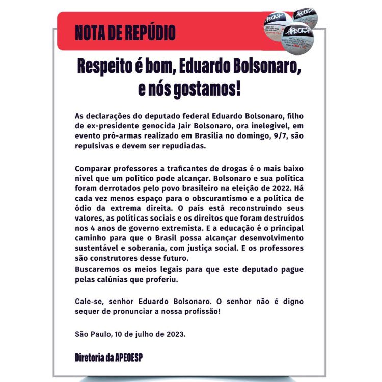 APEOESP's tweet photo. NOTA DE REPÚDIO ÀS DECLARAÇÕES DO DEPUTADO EDUARDO BOLSONARO SOBRE PROFESSORES(AS) https://t.co/TjVGc50L2W