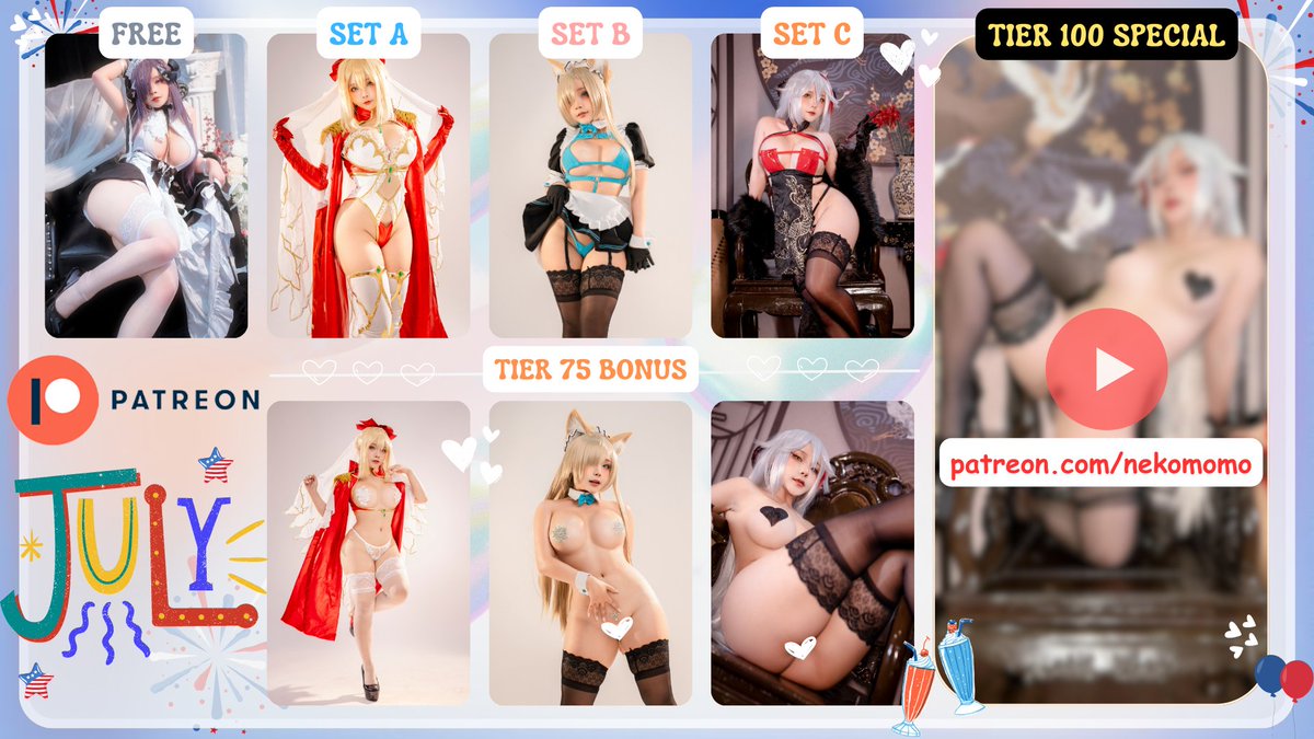 Upcoming reward for this month !!!
Free set: August Von Parseval - Azur Lane (maid ver)
Set A: Saber Nero ( Art by ig:_princess_ailish_)
Set B: Ichinose Asuna - Blue Archive
Set C: Aegir - Azur Lane (choengsam)
Full implied noodz & videos at tier 1⃣0⃣0⃣