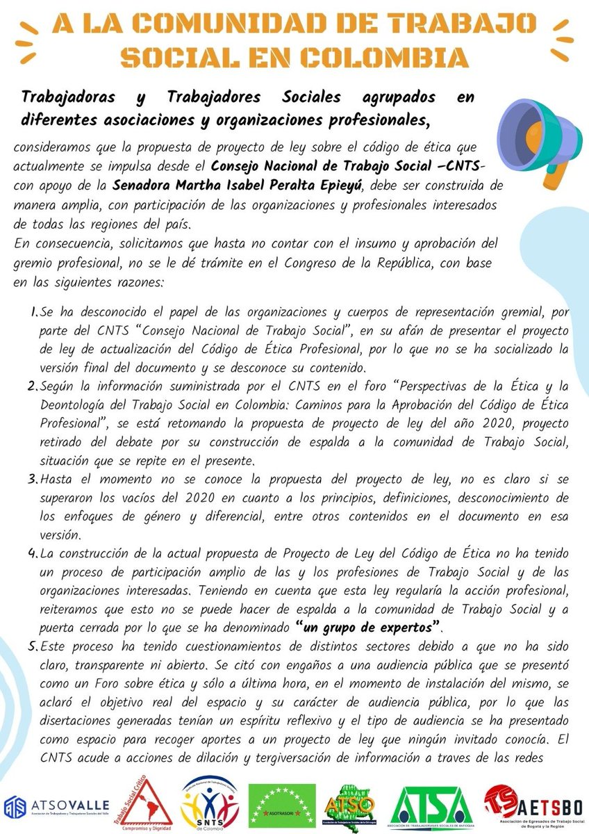 atsovalle's tweet photo. Instamos al Consejo Nacional de Trabajo Social y la Senadora Martha Isabel Peralta a no continuar con la presentación del Proyecto de Ley de código de ética profesional construido de espalda a la comunidad de Trabajo Social https://t.co/VX0NxLJW0X