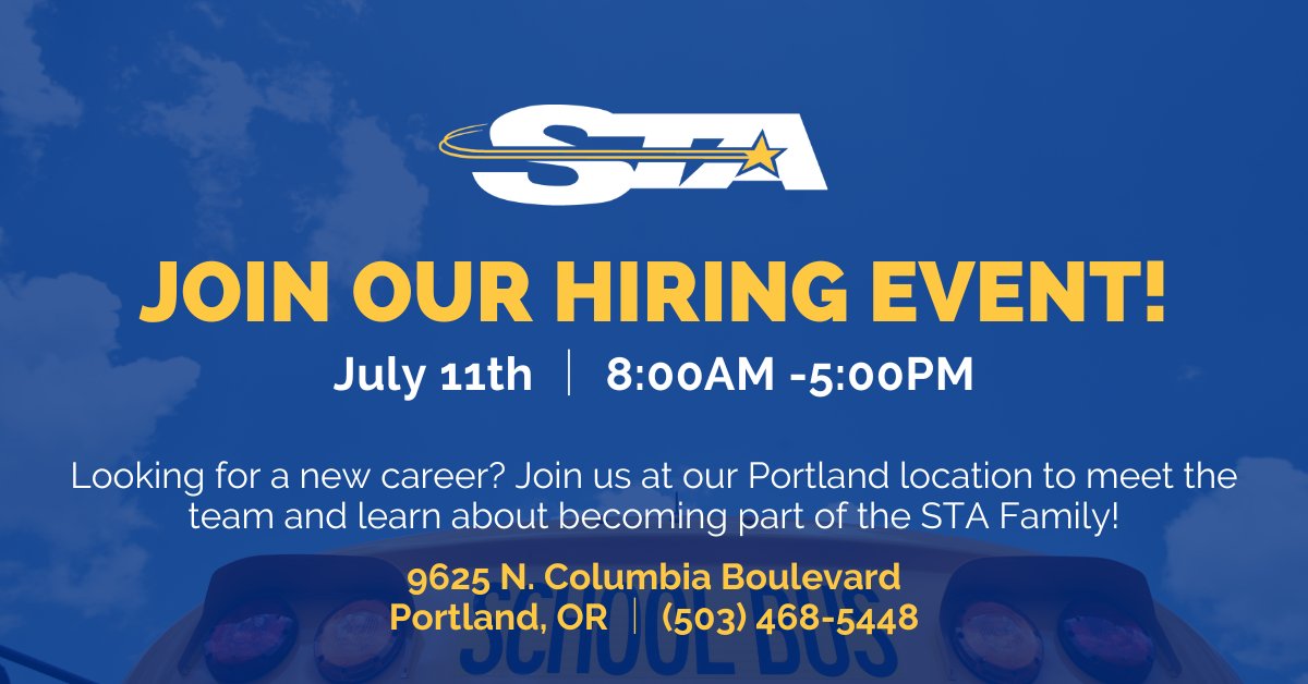 If you're in #PortlandOR, stop by our Hiring Event tomorrow w/ on-site interviews!

⭐ $31.50/Hour
⭐ Paid Training
⭐ Nights & Weekends Off
⭐ No Experience Needed

#STAFamily #Drive4STA #schoolbusdriverhiring #hiringbusdrivers #busdriverjobs #schoolbusdriverjobs #PortlandORjobs