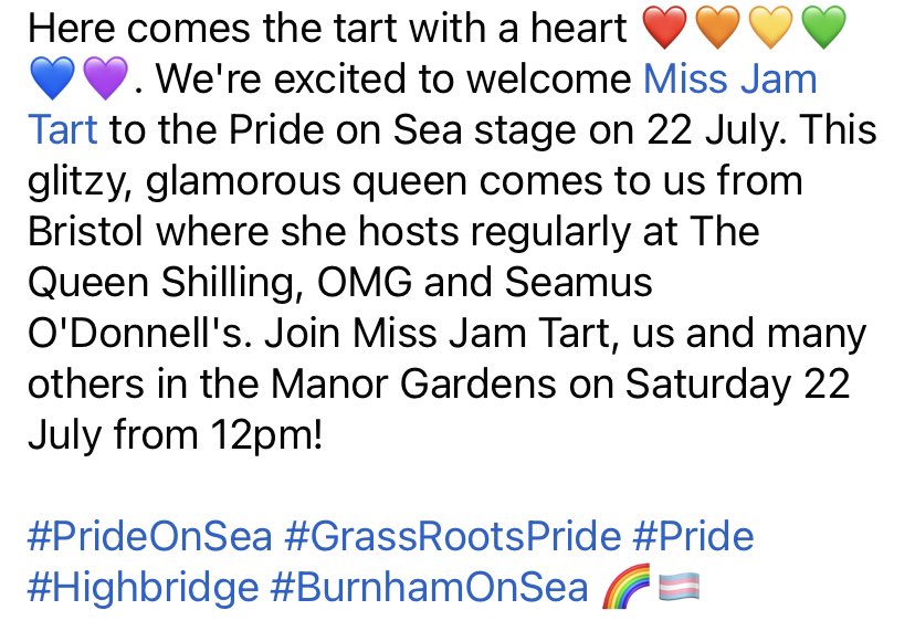 Here comes the tart with a heart ❤️🧡💛💚💙💜. We're excited to welcome Miss Jam Tart. This glitzy, glamorous queen comes to us from Bristol where she hosts at The Queen Shilling, OMG and Seamus O'Donnell's. 

#PrideOnSea #GrassRootsPride #Pride #Highbridge #BurnhamOnSea 🌈🏳️‍⚧️