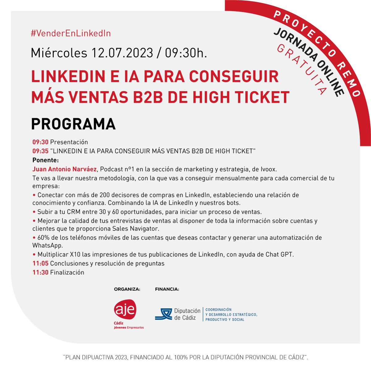 AJE CÁDIZ (@ajecadiz) on Twitter photo Si quieres aprender sobre ‘LINKEDIN E IA PARA CONSEGUIR MÁS VENTAS B2B DE HIGH TICKET’ no puedes perderte nuestra próxima jornada.
🗓¿Cuándo? Miércoles 12 de julio.
⏰¿Hora? 09:30
⚠️¿Formato? Online
#VenderEnLinkedIn ⭕️ #AJECádiz <a href="/diputacioncadiz/">Diputación de Cádiz</a> Si quieres aprender sobre ‘LINKEDIN E IA PARA CONSEGUIR MÁS VENTAS B2B DE HIGH TICKET’ no puedes perderte nuestra próxima jornada.
🗓¿Cuándo? Miércoles 12 de julio.
⏰¿Hora? 09:30
⚠️¿Formato? Online
#VenderEnLinkedIn ⭕️ #AJECádiz <a href="/diputacioncadiz/">Diputación de Cádiz</a>