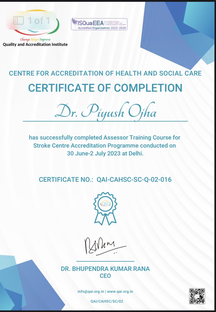 Proud to become a certified Assessor  for centres applying for Stroke Accreditation as Primary or Advanced Stroke Centres in India. <a href="/strokeindian/">Indian Stroke Association</a> <a href="/StrokeAHA_ASA/">Stroke AHA/ASA</a> <a href="/WorldStrokeOrg/">World Stroke Org</a> <a href="/drarvind10/">dr arvind sharma</a> <a href="/bijoymenon/">Bijoy K Menon</a> <a href="/AlmekhlafiMa/">Mohammed Almekhlafi</a> <a href="/DominicTse5/">Dominic Tse</a> <a href="/DCNSNeuro/">DCNS Calgary</a> <a href="/demchuk_andrew/">Andrew Demchuk</a> <a href="/nishita_singh3/">nishita singh</a>