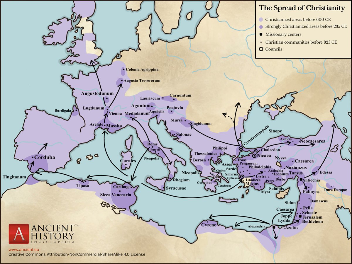 Map shows the spread of Christianity in the first 600 years of its existence. The faith spread through maritime travel. The Mediterranean was paramount. Cool to see Crimea also being reached (obviously by boat). Source: buff.ly/3O4fRg6