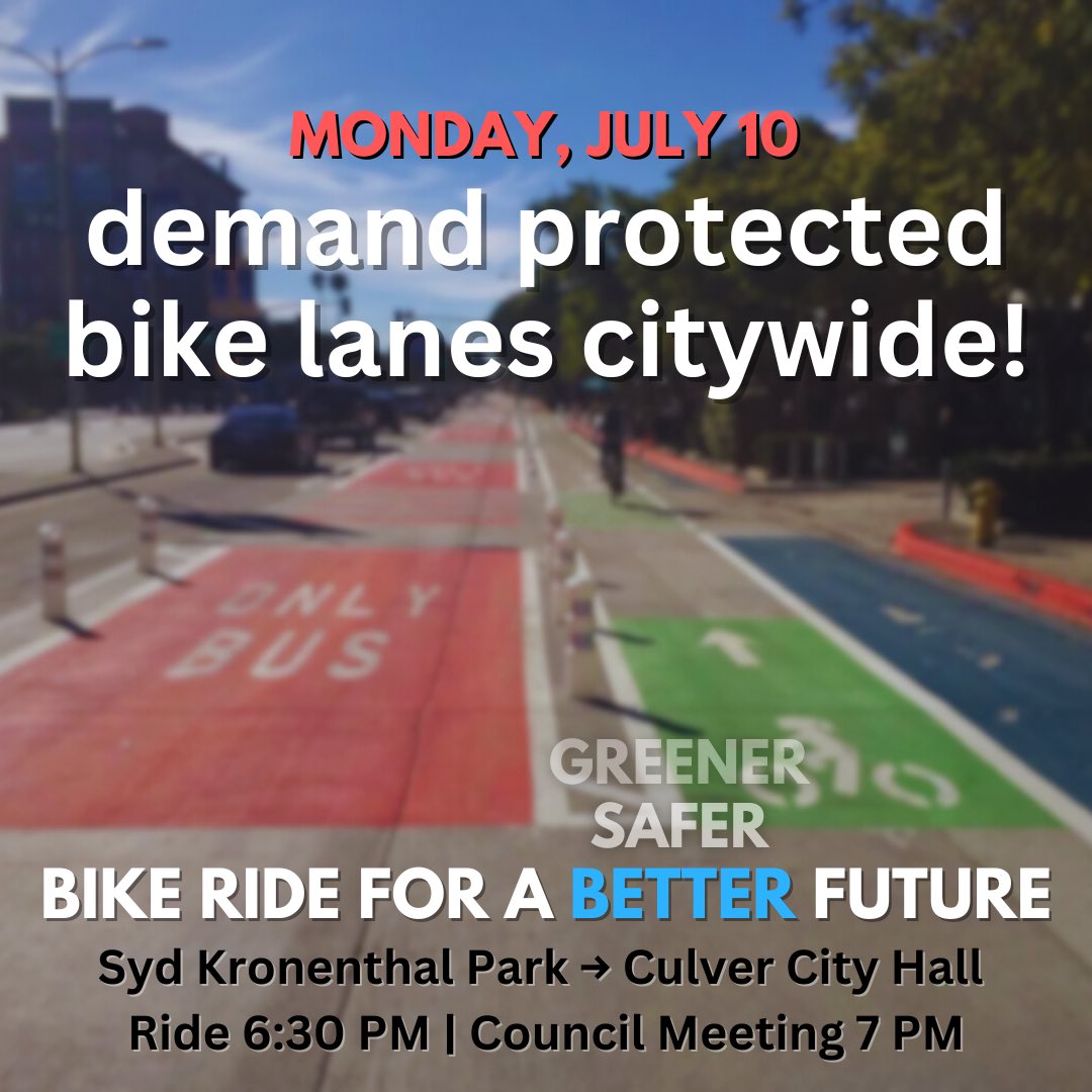 BikeCulverCity's tweet photo. 🚨 TONIGHT at 6:30! Council will consider plans to rip out a protected bike lane and several pedestrian safety improvements for more cars.🚨 

Join us in demanding a safe network of protected bike AND bus lanes citywide. 🚲 🚌 https://t.co/AOrf63rHVq