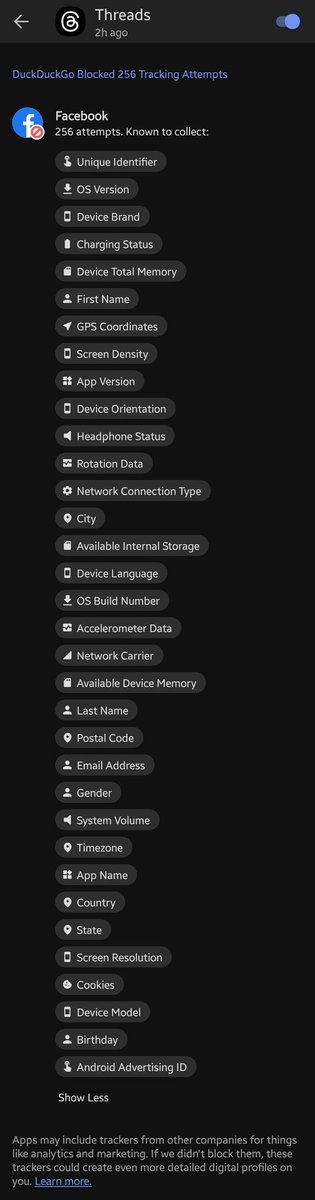 79cer's tweet photo. @Dr_Black This is one users example of blocked tracked data attempts through a VPN. If you're happy with it, fine, thats ok too, but me personally, question the sanity of Billionaires owning Social networks. https://t.co/qyz3r5FGnC