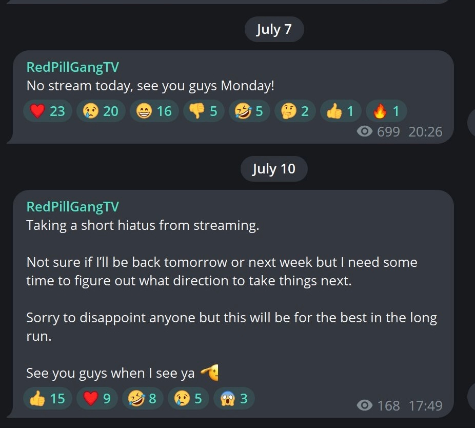 GabeHoff's tweet photo. Following the loss of most of his audience &amp; main financial supporters, TEDDY FEASER 
@RedPillGangTV is “taking a short hiatus”

“Not sure if I’ll be back tomorrow or next week.. I need some time to figure out”

FEASER had flip-flopped on most of his key issues in recent weeks https://t.co/R36C9qcpkV