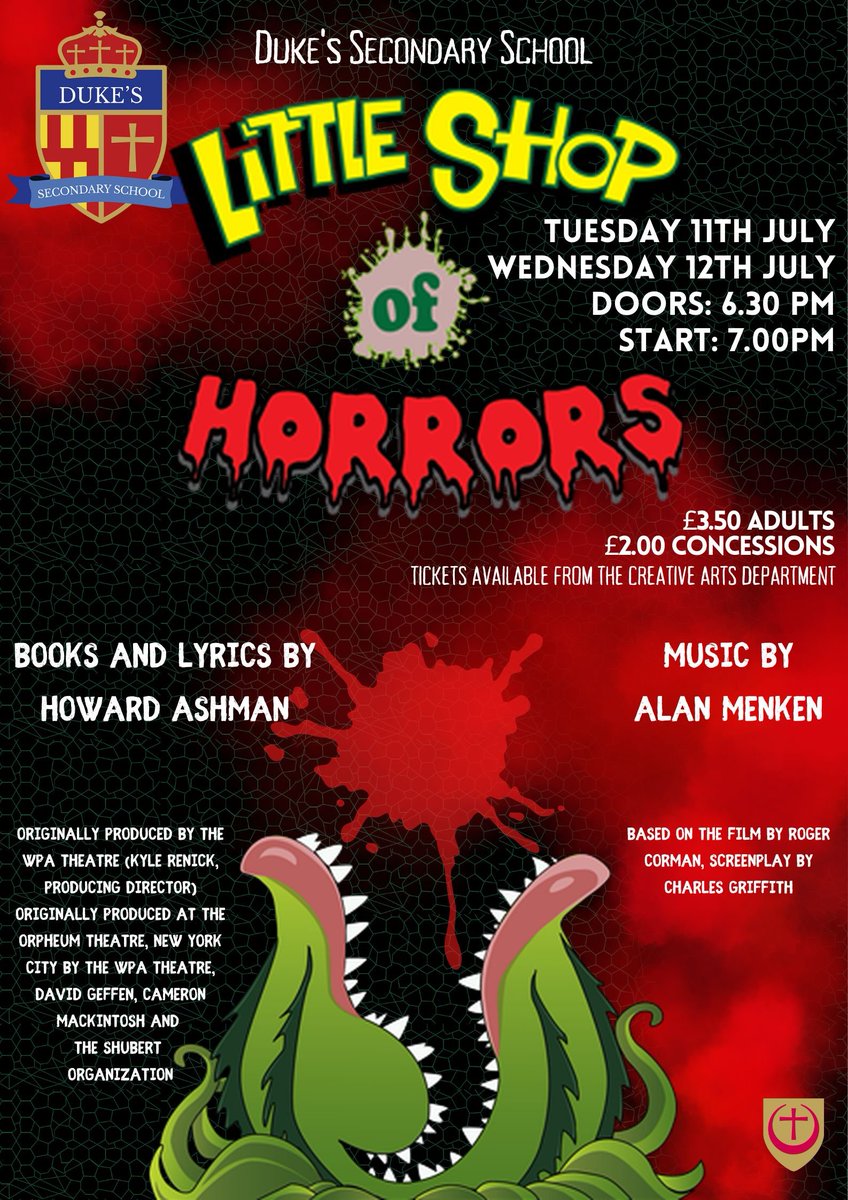 We look forward to welcoming you to @DukesNCEAT tomorrow to see our students put on an incredible performance of Little Shop of Horrors!
Tickets are still available and you can buy them at the door. Doors open at 6.30pm for a 7.00pm start. £3.50 for adults &amp; £2.00 for concessions