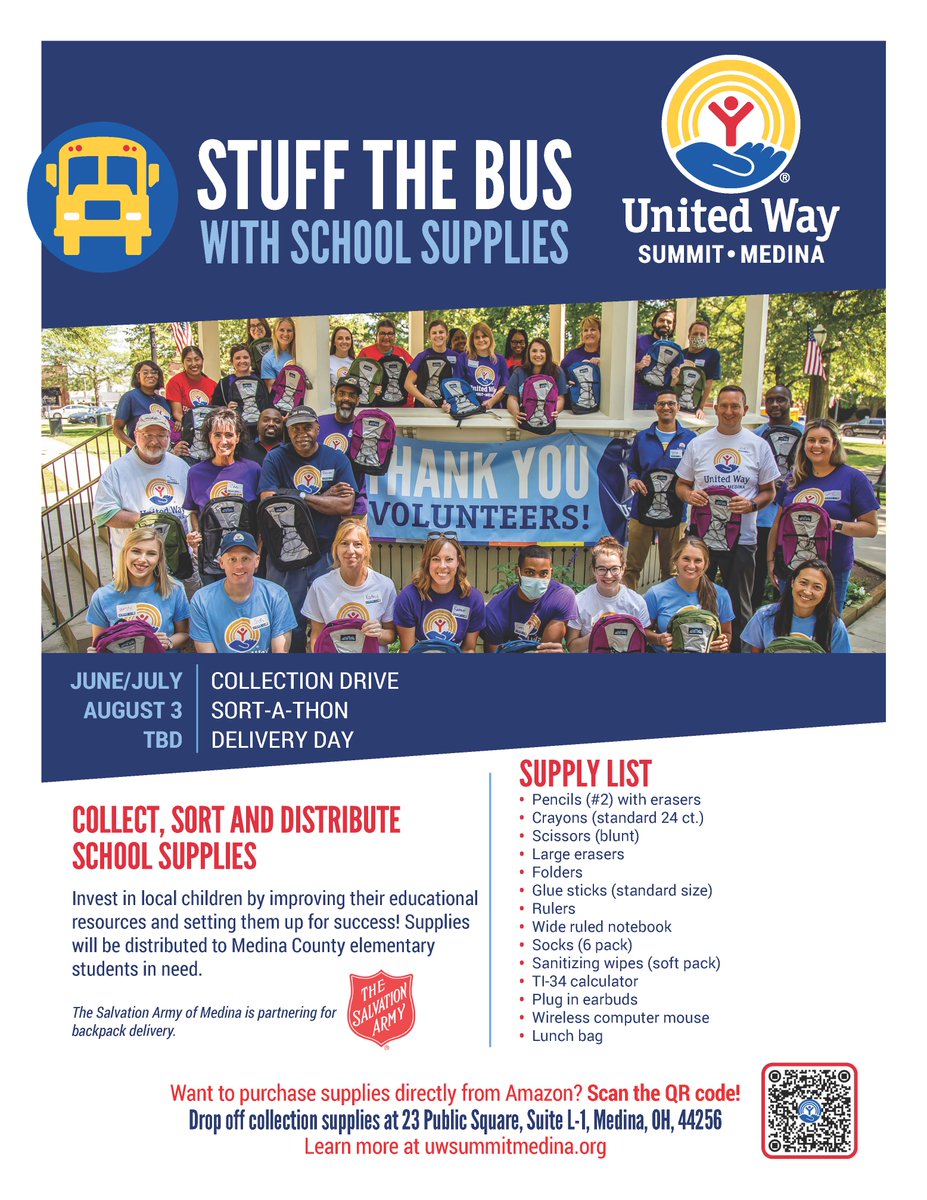 The United Way of Summit & Medina Stuff the Bus with school supplies initiative remains underway! Supplies can be dropped off at 23 Public Square, Suite L-1, Medina. Learn more at uwsummitmedina.org
