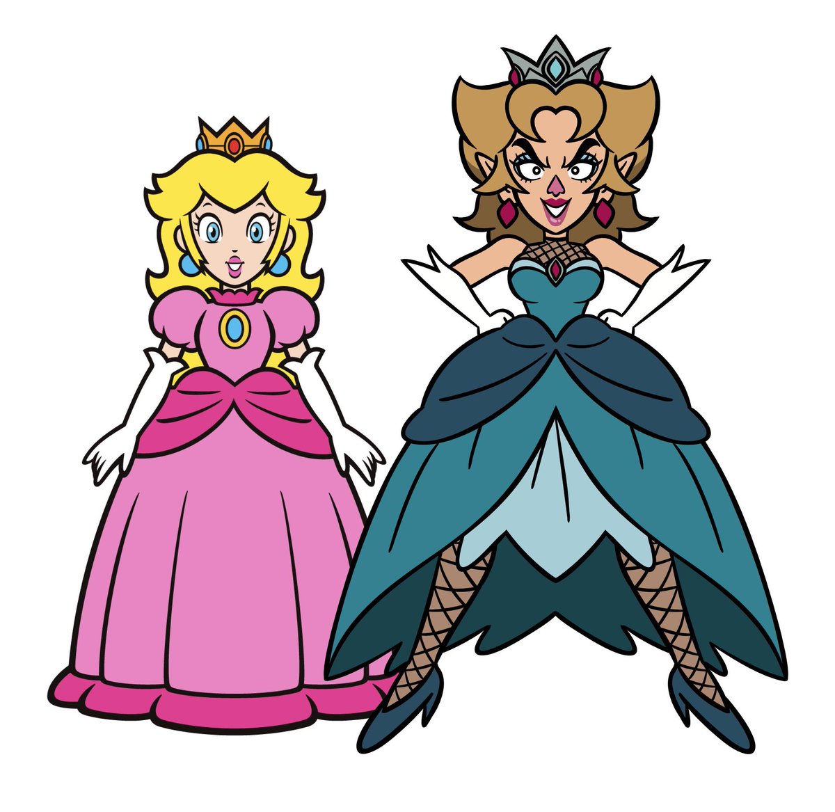 princess daisy ,princess peach 2girls multiple girls dress pink dress fishnets gloves elbow gloves  illustration images