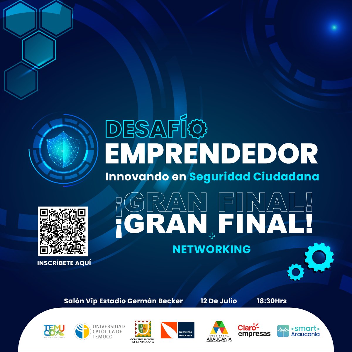 Te invitamos a la Gran Final del Desafío emprendedor "Innovando en seguridad ciudadana" + encuentro de networking, en donde conoceremos a los 5 finalistas.

🔗Link de inscripción: forms.gle/TDXGFeqK42RnEr…

📍Miércoles 12 a las 18:30 hrs en Salón VIP Estadio Germán Becker.