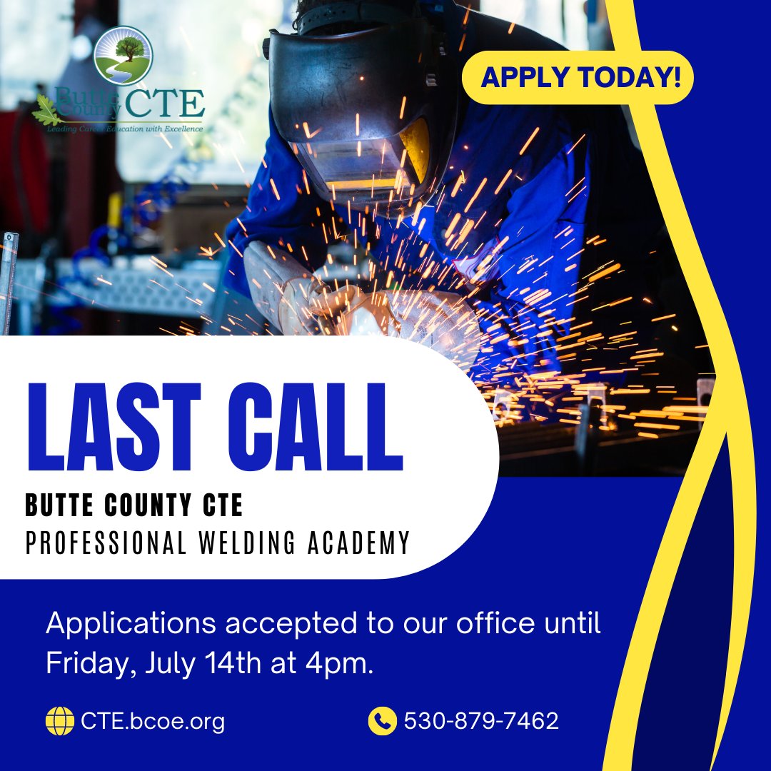 Last Call for Applications to our Professional Welding Academy

We are accepting applications for our August 2023 session until Friday, July 14th, 2023.

Don’t delay, apply today!

cte.bcoe.org