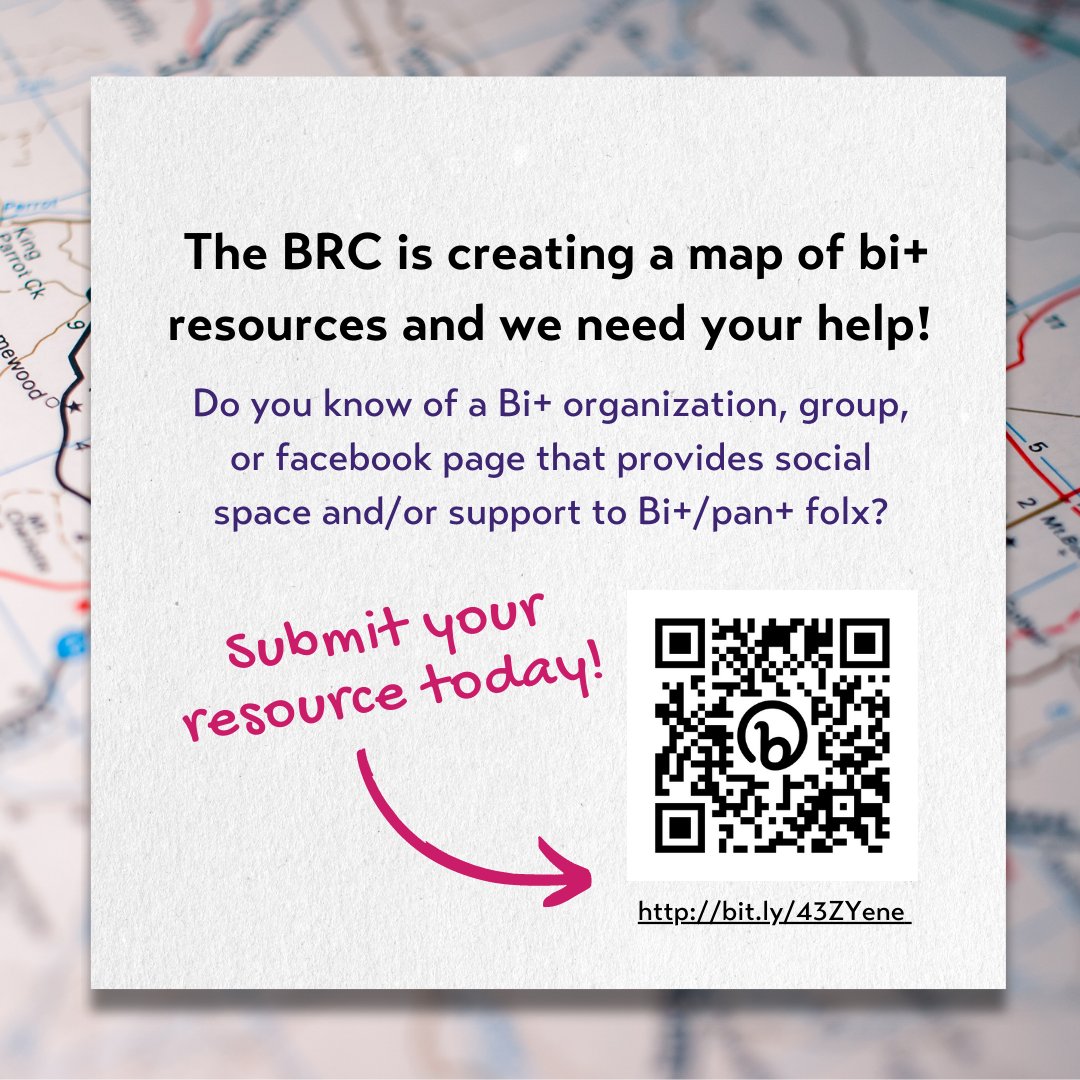 The BRC is updating and revamping our resource page and creating a new, searchable map of bisexual+ resources. Do you know of a bi+ organization, group, facebook page that can provide social and/or support to Bi+ pan+ folx? Submit your resources here: forms.gle/ZLccs6ae7gCk5Z…