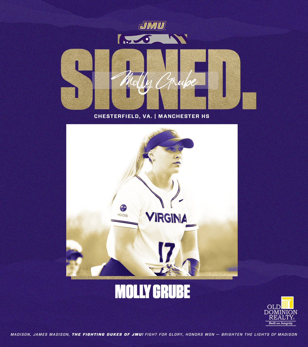 ✍️ 𝗦𝗜𝗚𝗡𝗘𝗗 The Dukes are excited to welcome Molly Grube to the family! ✅ Four-year starter ✅ Career 3.57 ERA ✅ Home at JMU 📰 | bit.ly/3XK2AN0 #GoDukes