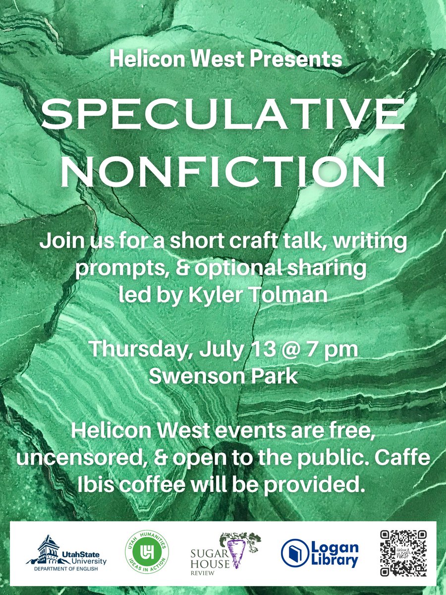 HeliconWest's tweet photo. On Thursday 13 July 2023 at 7:00pm, @kyler.tolman, our former Helicon West intern will be leading a workshop on Speculative Nonfiction. The event will take place at Swenson Park. 
Thanks to our sponsors, @SugarHouseRev  @LoganLibraryUT  @CacheARTS @utahhumanities @USUEnglish https://t.co/1mDQxBAs4l
