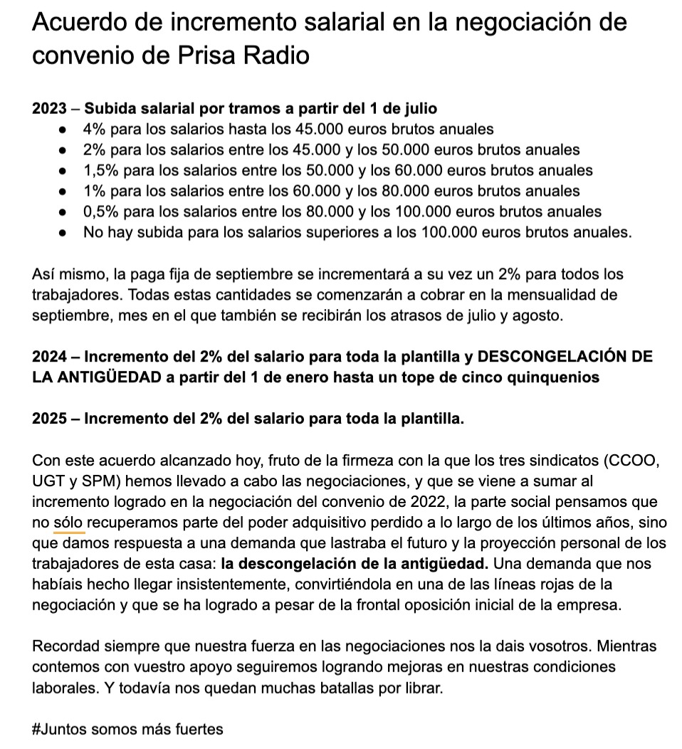 Acuerdo de incremento salarial en la negociación de Convenio de Prisa Radio 💪 #JuntosSomosMásFuertes