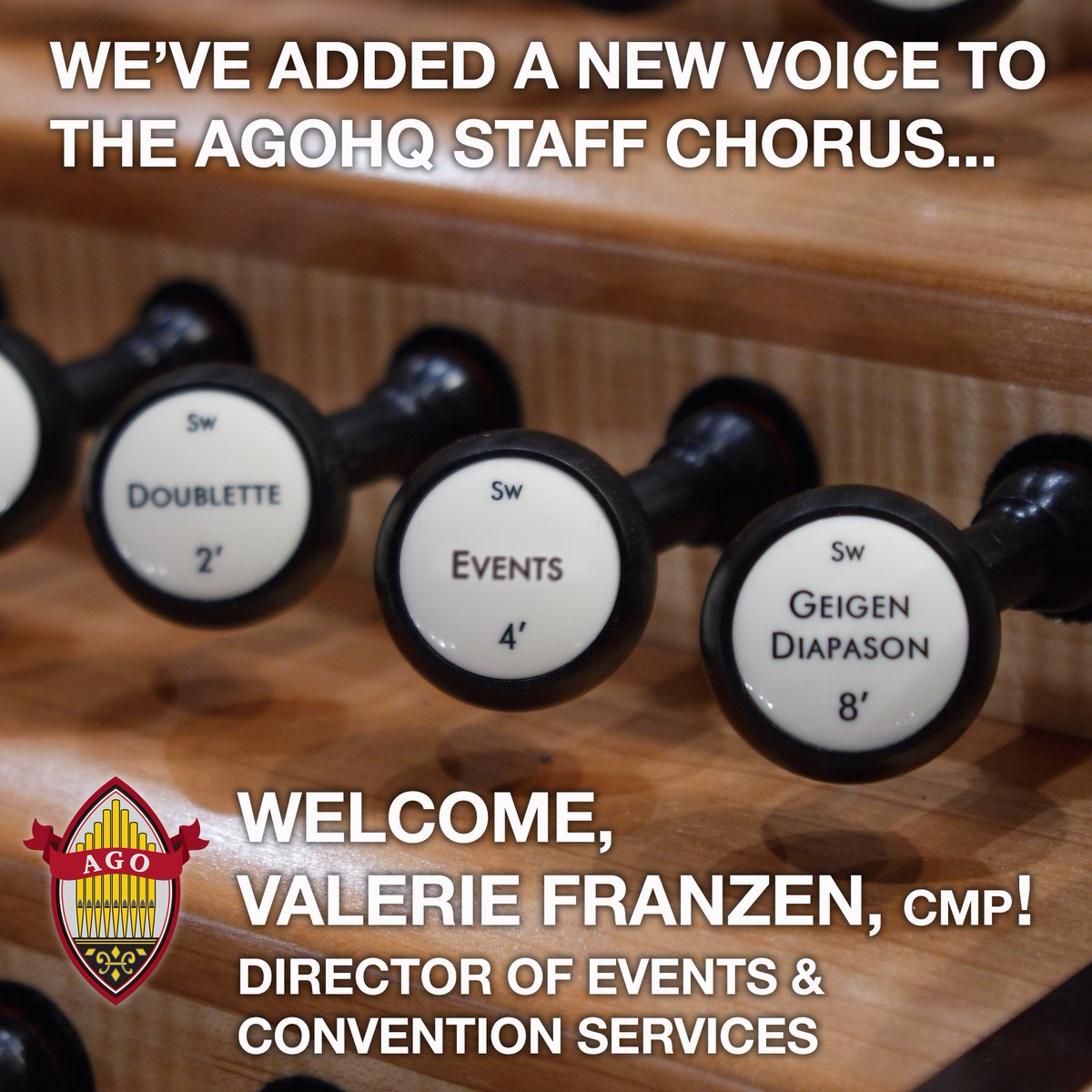 We're pleased to announce that Valerie Franzen, CMP, has joined the AGO staff as Director of Events and Convention Services. Please help us in welcoming Valerie to the team! #AGO #americanguildoforganists