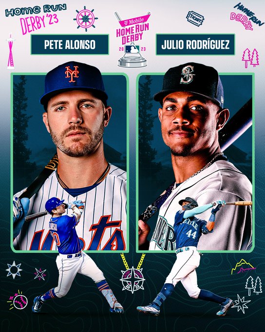 2023 T-Mobile HR Derby: Pete Alonso vs Julio Rodríguez. Pictured: On the left a photo day photo of Pete Alonso in the background. In the front a cutout of Alonso finishing his swing in a blue Mets jersey. On the right a photo day photo of Julio Rodríguez in the background. In the front a cutout of Rodríguez in a teal Mariners jersey finishing his swing. 