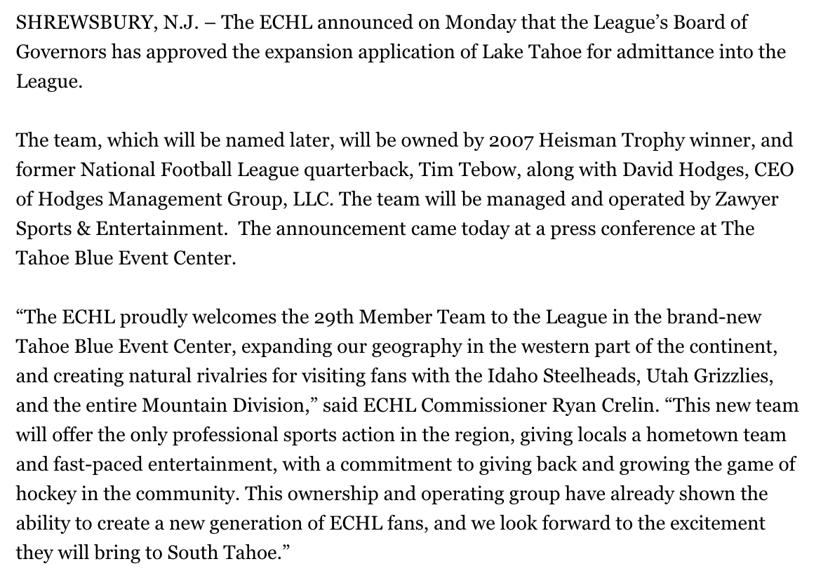 wyshynski's tweet image. Tim Tebow is helping to bring the ECHL to Lake Tahoe.

This is not a Mad-Libs.