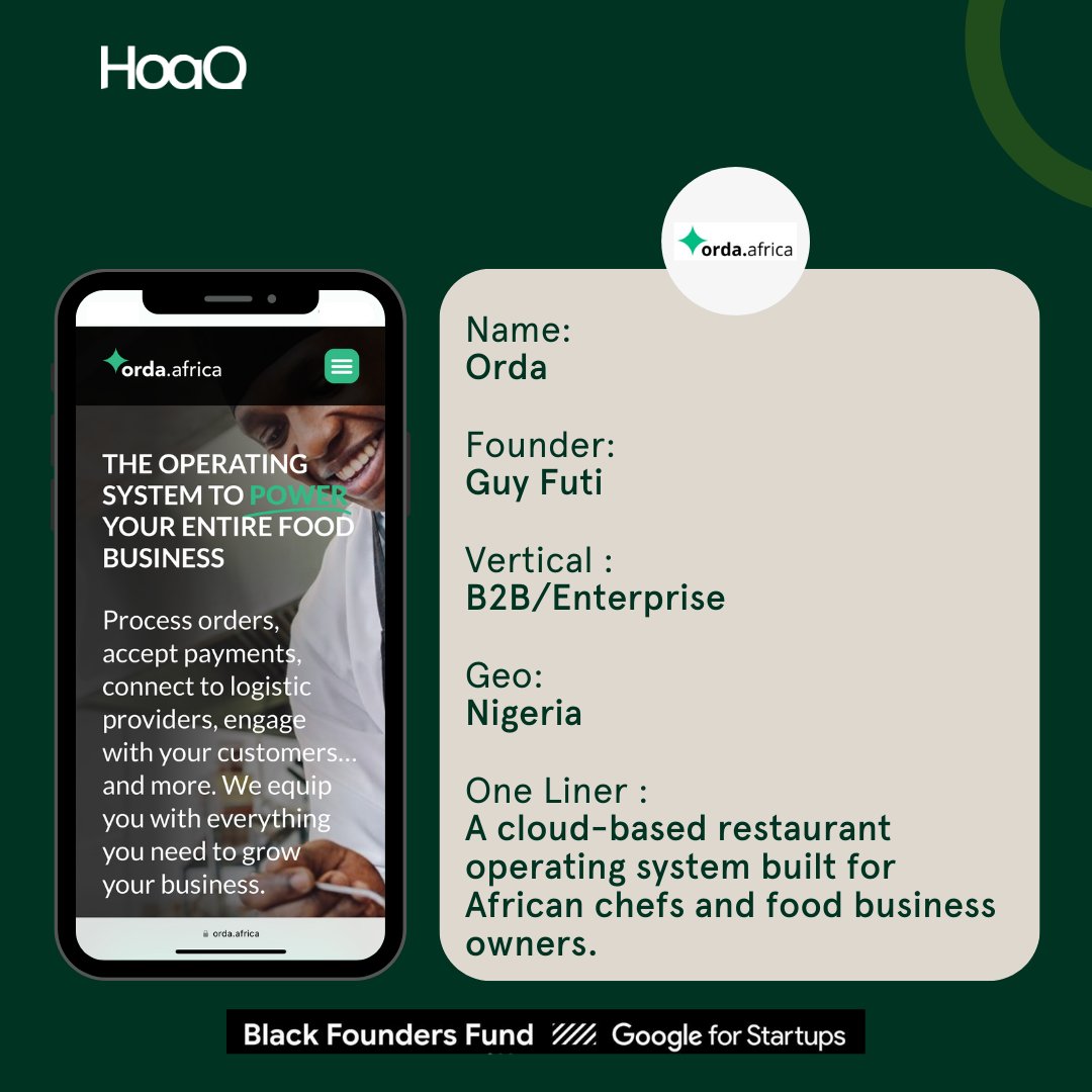 Transforming restaurant operations with cloud-based efficiency! Congrats @guyfuti for securing a spot in @googleafrica #BlackFoundersFund 2023 cohort. Streamline your operations, manage payments & take your culinary business to new heights with @orda_africa.

#HoaQ #OrdaAfrica