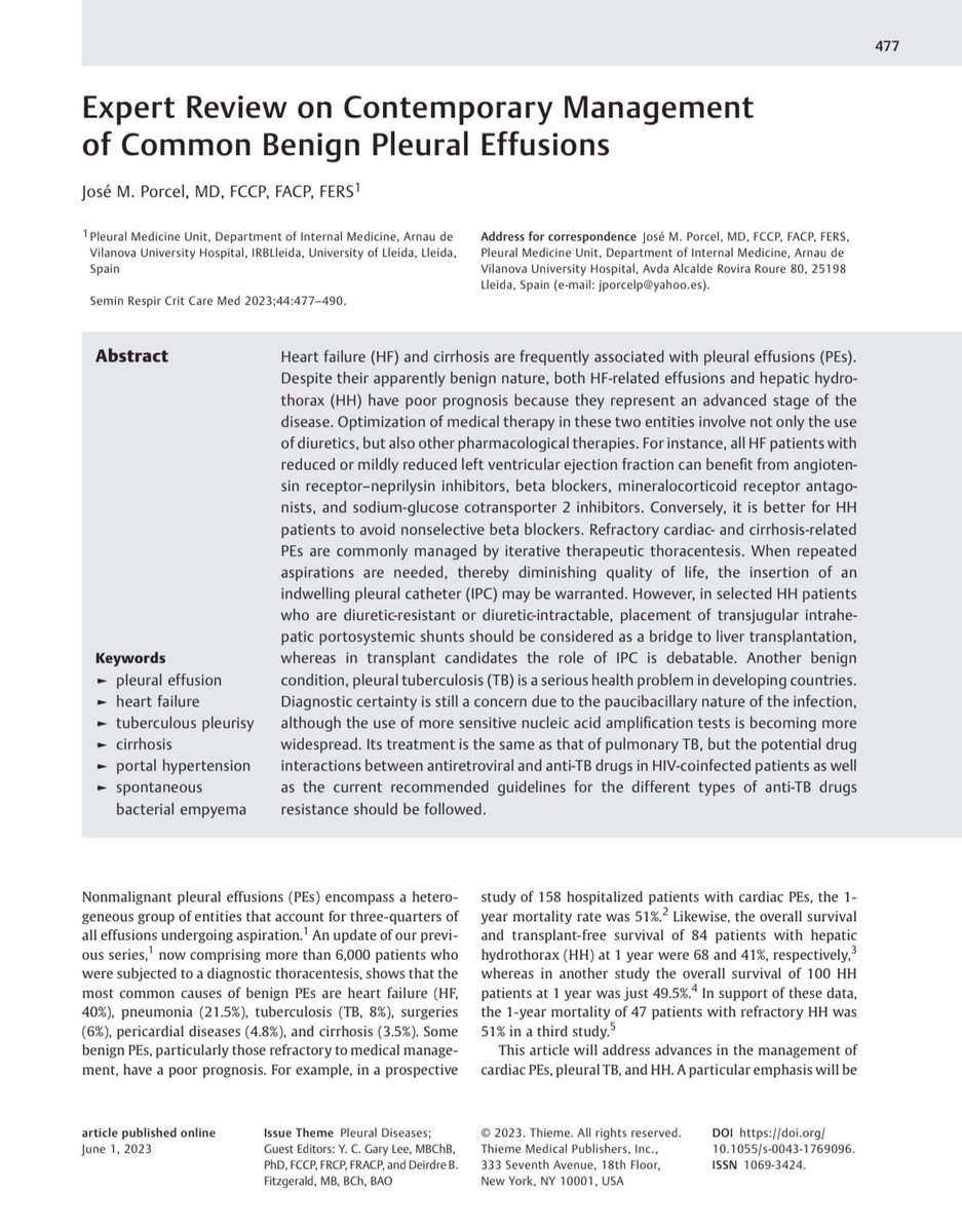 Y C Gary Lee (@ycgarylee) on Twitter photo Important to remember most pleural effusions are not from #cancer! <a href="/JoseMPorcel/">JosƩ Manuel Porcel PƩrez</a> provided expert opinion on 'Common #Benign #Pleural #Effusions' in our Pleural Series in Semin Resp Crit Care Med (PMID37263288). #Heart failure effusion is common but grossly under-studied. #MedEd Important to remember most pleural effusions are not from #cancer! <a href="/JoseMPorcel/">JosƩ Manuel Porcel PƩrez</a> provided expert opinion on 'Common #Benign #Pleural #Effusions' in our Pleural Series in Semin Resp Crit Care Med (PMID37263288). #Heart failure effusion is common but grossly under-studied. #MedEd