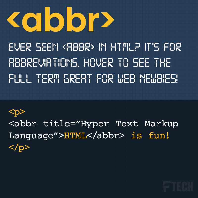 mlassoff's tweet image. 📢#LittleKnownHTMLTags 1/10: Ever seen &lt;abbr&gt; in HTML? It's for abbreviations. Hover to see the full term, great for web newbies! #TechFunFacts