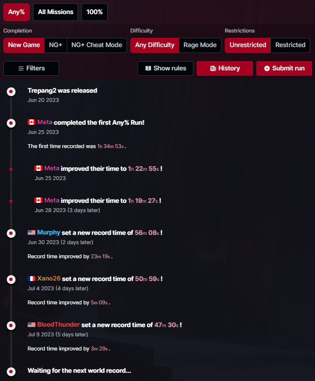 speedruncom's tweet photo. Introducing a new way to view WR Histories! While viewing any category/sub-category combination, simply press the “History” button to view, and press again to make it disappear! We’ve also polished the chart view, which can still be found under the stats tab on any leaderboard :) https://t.co/2M3xbLdizs