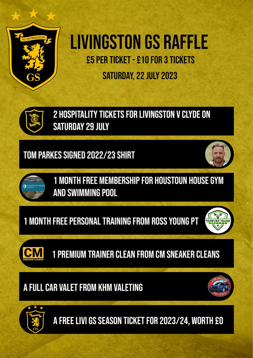 LiviGS's tweet photo. Fancy the chance to win hospitality tickets, a signed Livi shirt, or a number of other prizes? 
 
In order to raise funds for next season, we will be holding a raffle on Saturday 22 July. As well as the prizes in the image, there will also be a number of spirits to win.

1/3 https://t.co/De0VMMJd7l