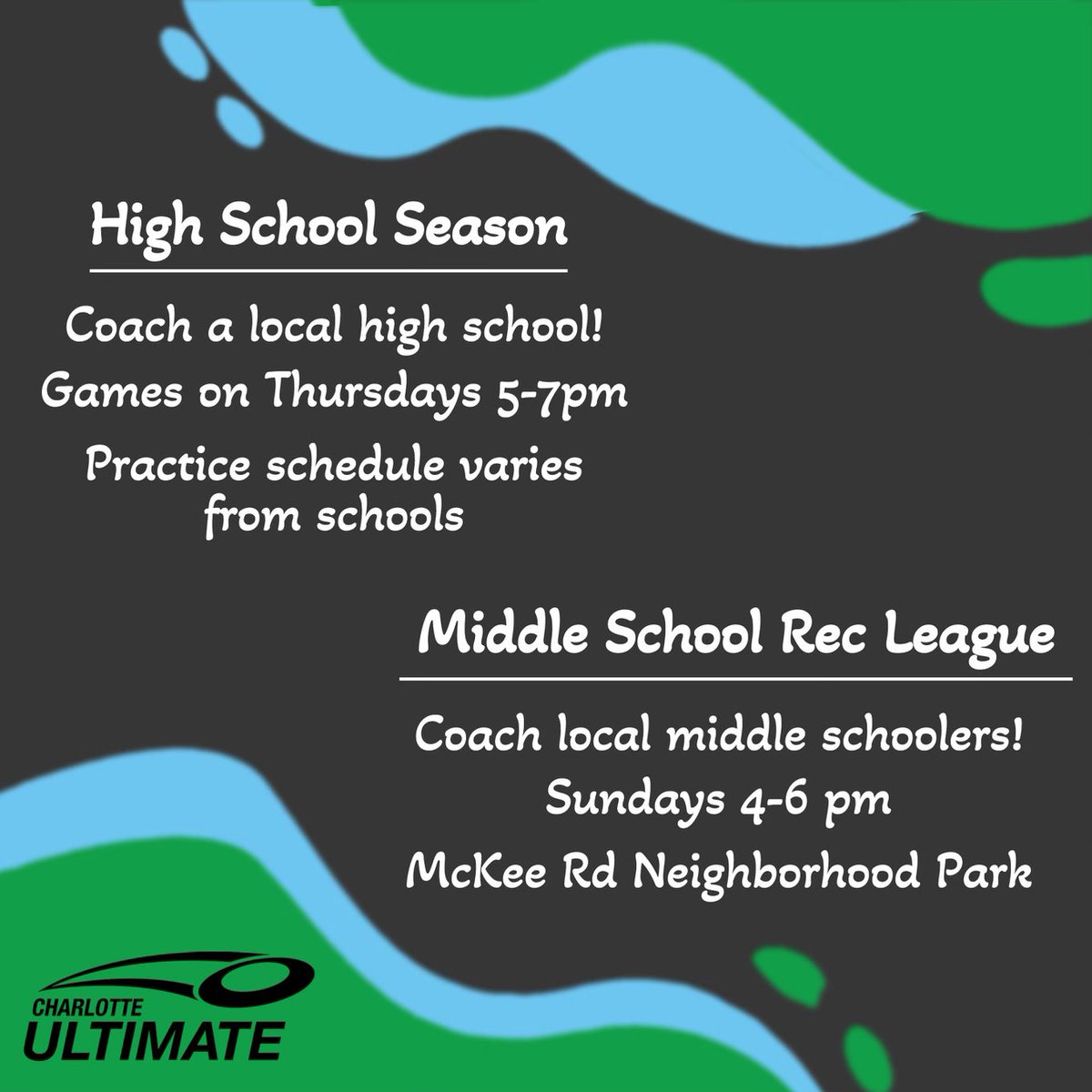 Charlotte Ultimate (@cltultimate) on Twitter photo Coaches needed for HS school teams
- Games are Thursdays from 5:00 - 7:00pm at a variety of locations
Coaches needed for MS Rec League
- Sundays from 4-6pm at McKee Rd Neighborhood Park
- Any adult player can coach
Interested in coaching? Email us at charlotteultimate@gmail.com Coaches needed for HS school teams
- Games are Thursdays from 5:00 - 7:00pm at a variety of locations
Coaches needed for MS Rec League
- Sundays from 4-6pm at McKee Rd Neighborhood Park
- Any adult player can coach
Interested in coaching? Email us at charlotteultimate@gmail.com