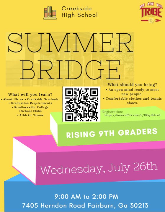 Creekside High (@creekside_high) on Twitter photo 📢Calling all Parents of CHS Rising 9th Graders to register your child to attend ☀️Summer Bridge 🌉on July 26th. 👀 the flyer below ⬇️ <a href="/BearCreekMS/">Bear Creek MS</a> <a href="/CampCreekMiddle/">CampCreekMiddleSchool</a> <a href="/Renaissancemid3/">Renaissance middle school</a> <a href="/parents4edu_SF/">South Fulton Parents</a> 📢Calling all Parents of CHS Rising 9th Graders to register your child to attend ☀️Summer Bridge 🌉on July 26th. 👀 the flyer below ⬇️ <a href="/BearCreekMS/">Bear Creek MS</a> <a href="/CampCreekMiddle/">CampCreekMiddleSchool</a> <a href="/Renaissancemid3/">Renaissance middle school</a> <a href="/parents4edu_SF/">South Fulton Parents</a>