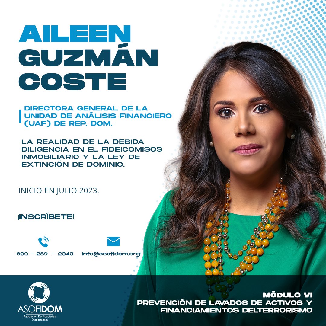 asofidom's tweet photo. @AileenGuzmanC funge como docente en programas de postgrado y maestrías en Derecho Bancario, Cumplimiento Regulatorio, Prevención de Lavado de Activos y Gestión de Riesgos. Es egresada de Licenciatura en Derecho, de la PUCMM y admitida al Colegio de Abogados de la RD. https://t.co/MYmjFyztgS