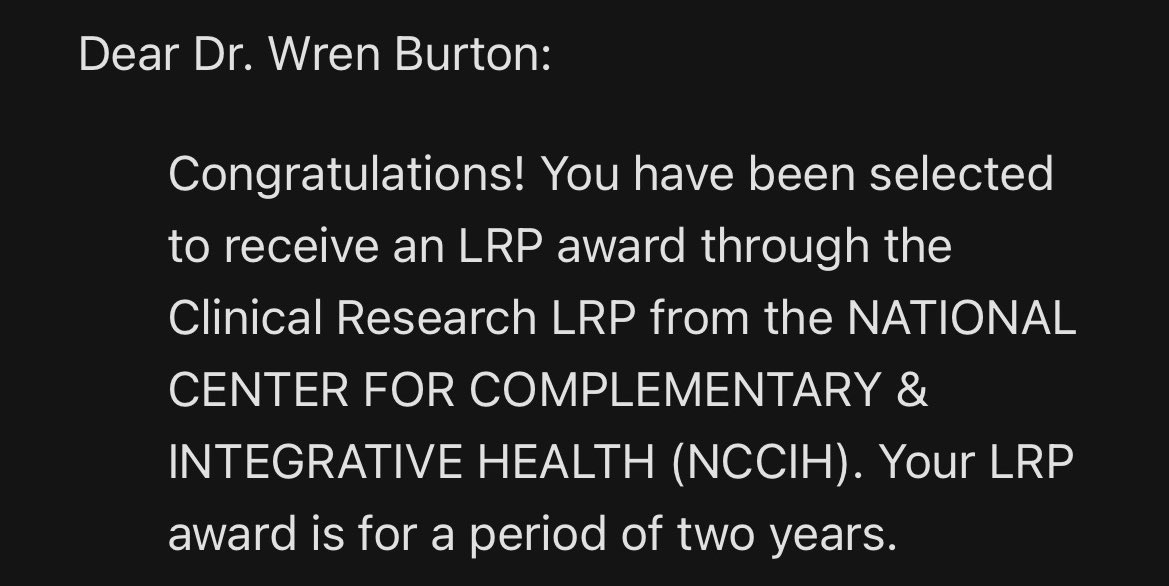 Received some life changing news this morning and words can not express how grateful I am. Thank you to the NCCIH and everyone who has offered support along the way.  Every piece of advice, proofread draft, and letter of support has resulted in this award.