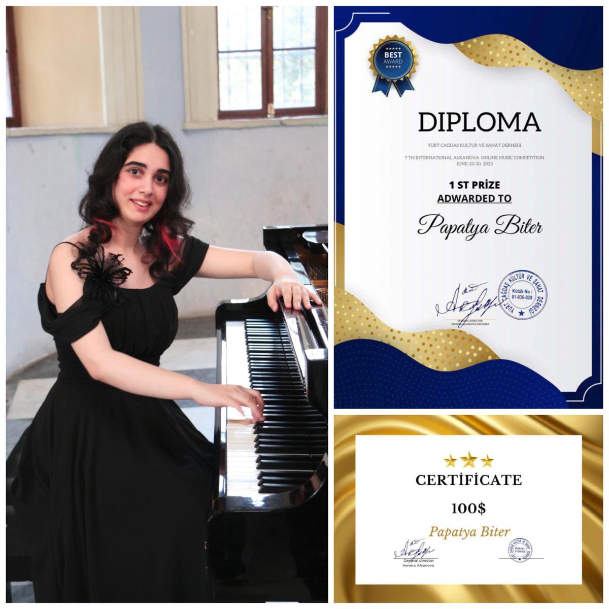 11.sınıf öğrencimiz Papatya Biter 7. Uluslar. Alkanova Müzik Yarışması’nda kendi yaş katagorisinde birinci olmuştur. Yedi yılda toplam yirmi ödül kazanan  öğrencimizi ve  hocası  Dr.Öğr. Ü. Demet Eytemiz’i tebrik ediyor,başarılarının devamını diliyoruz.
<a href="/basak_g/">Başak G. H.</a> 
<a href="/hotar_nukhet/">Prof. Dr. Nükhet Hotar</a>