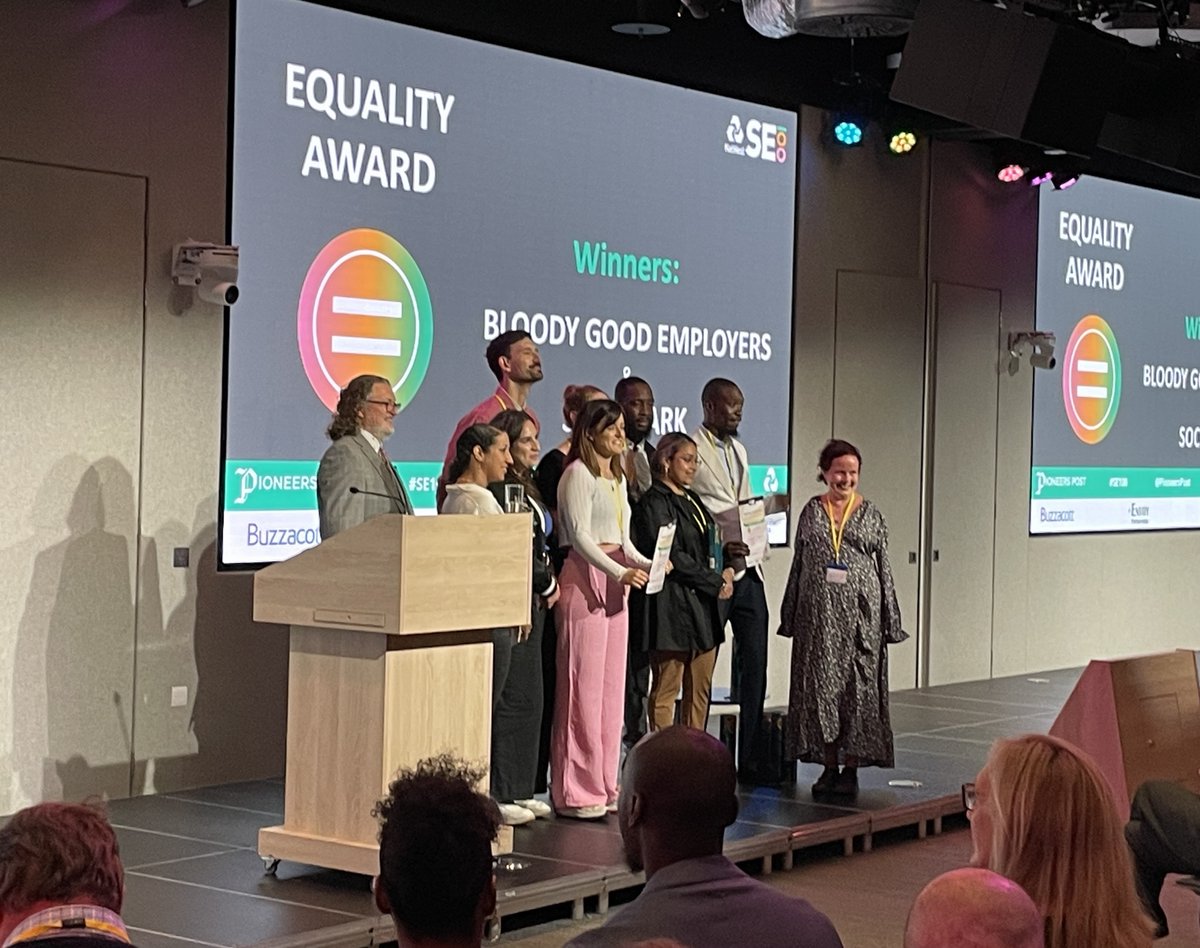 PioneersPost's tweet photo. There are not one, but two winners for the #SE100 equality award this year...

Congratulations to Social Ark and Bloody Good Employers! @SocialArkCIO @bloodygood__ 

Big thanks to judges Laura Furness &amp; Lisa Raftery from @TheSocialInvest  

#Socent @SocComCap https://t.co/Tj3OWyuFAY