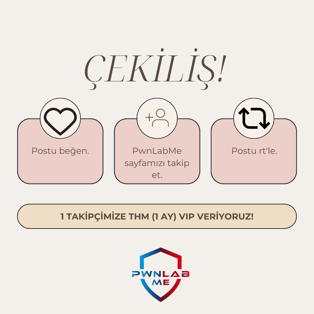 PwnlabMe's tweet photo. ÇEKİLİŞ!

Merhabalar, 1 takipçimize THM VIP (1 ay) veriyoruz, yapmanız gerekenler;

#cybersecurity #tips #git #web #osint #thm #github #bugbounty #bug #tryhackme #redteam #pentest #giveaway #çekiliş #cybersecuritytips https://t.co/rQ7WSL9XBh