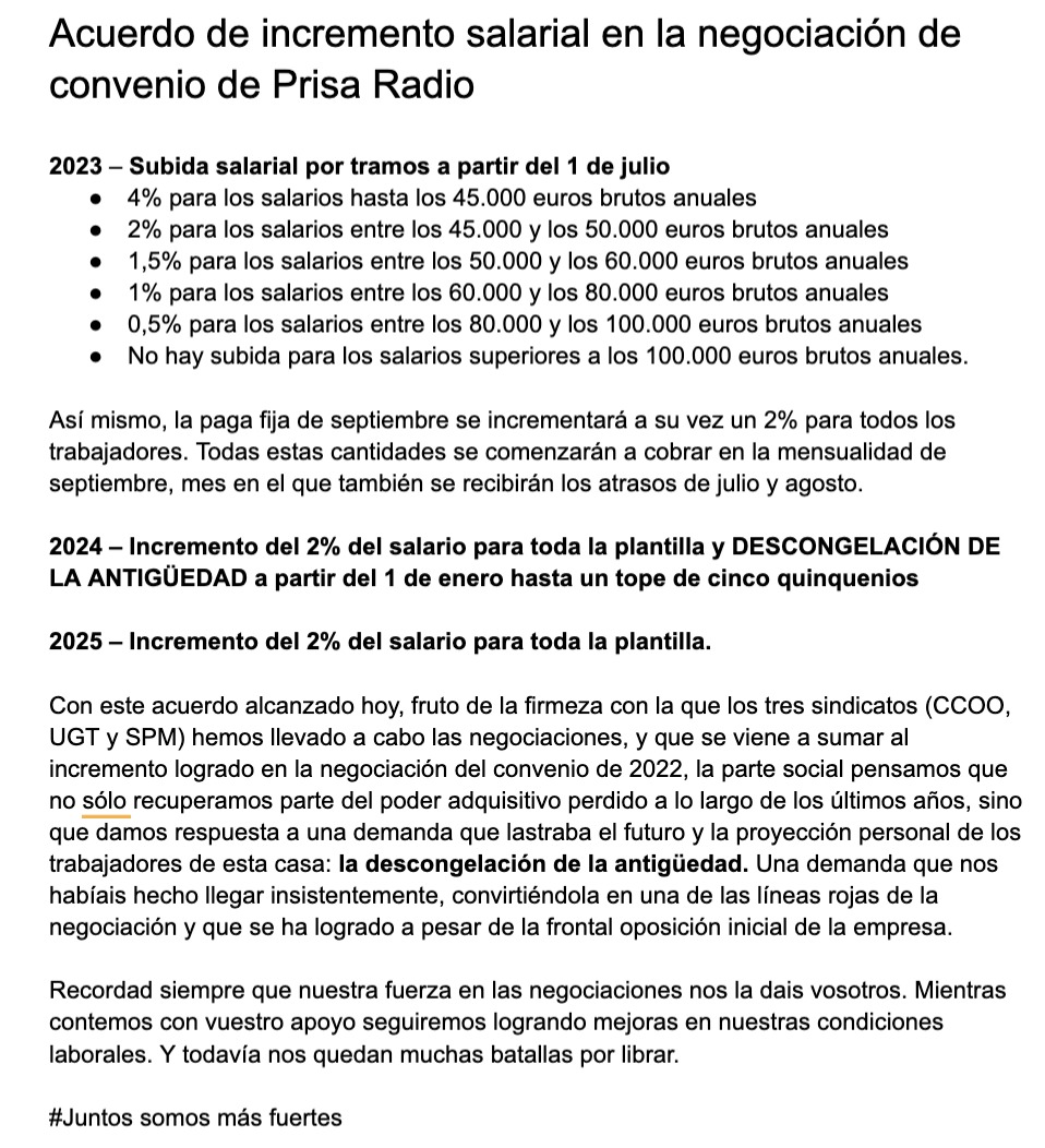 Acuerdo de incremento salarial en Prisa Radio #SER ¡Gracias compañer@s! #JuntosSomosMásFuertes 💪💪💪💪