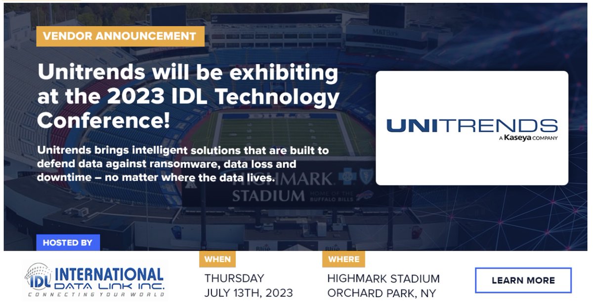 📢 We are thrilled to announce @Unitrends will be exhibiting at the upcoming #IDLTechnologyConference! 🚀 A market leading platform for backup and recovery solutions, visit their booth to learn more about how you can protect your data against ransomware, data loss and downtime.