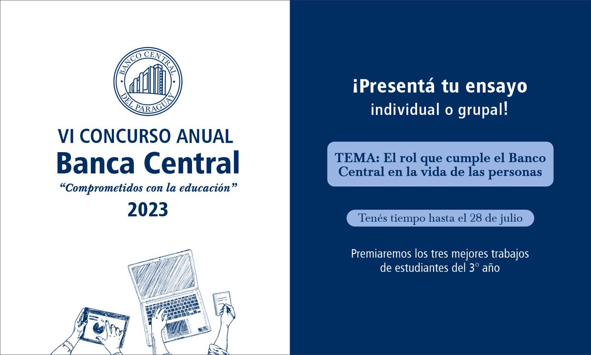 BCP_PY's tweet photo. ¡Te contamos más detalles sobre el #ConcursoBancaCentral!
¿Seguís con preguntas? Ingresá a nuestro sitio web e informate sobre todos los detalles: https://t.co/0GlUop2UPY https://t.co/tFf5vINW8b