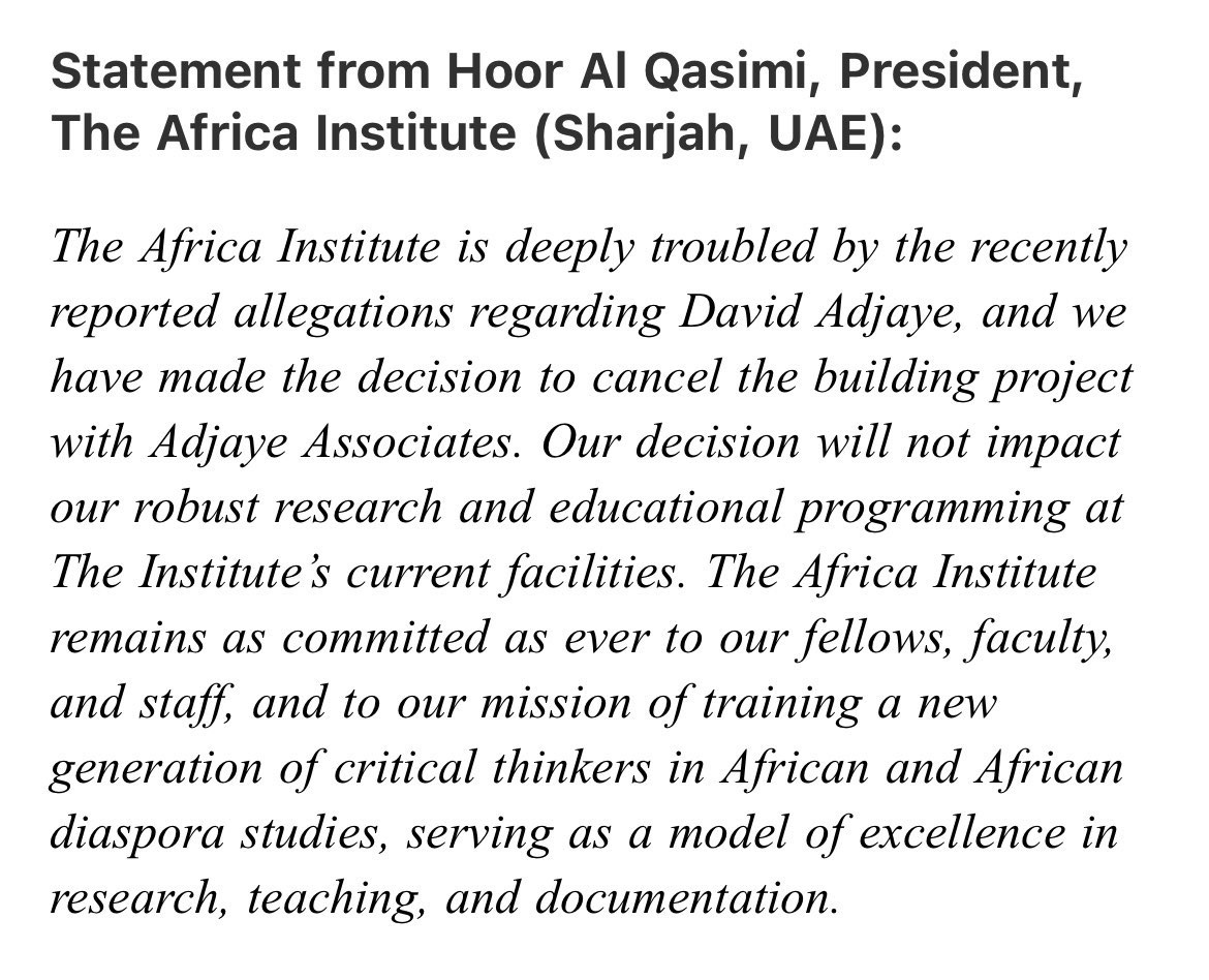 joshspero's tweet photo. Big news: the Africa Institute i  Sharjah cancels its big David Adjaye building https://t.co/05bgObGUI4