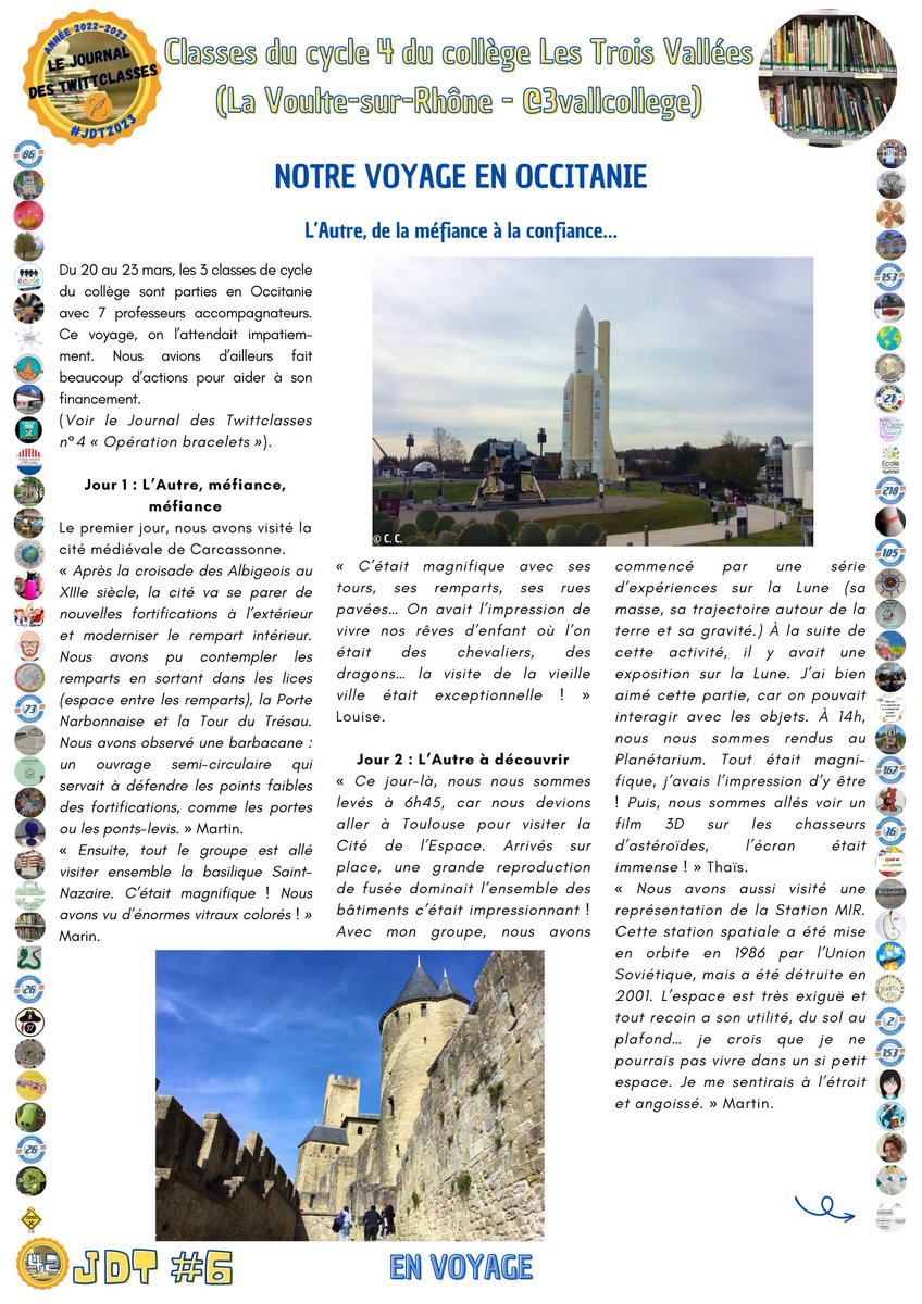 JdTwittclasses's tweet photo. #UnArticleDuJdT
Pour cette 33e découverte, nous vous proposons l'article des élèves de Cycle 4 de @3vallcollege (#LaVoulteSurRhône) dans le Journal des TwittClasses. #JdT2023🗞️
Il parle de leur séjour en @Occitanie et se trouve en pages 42 et 43 du JdT.
Bonne lecture ! https://t.co/SIcSG5muwj