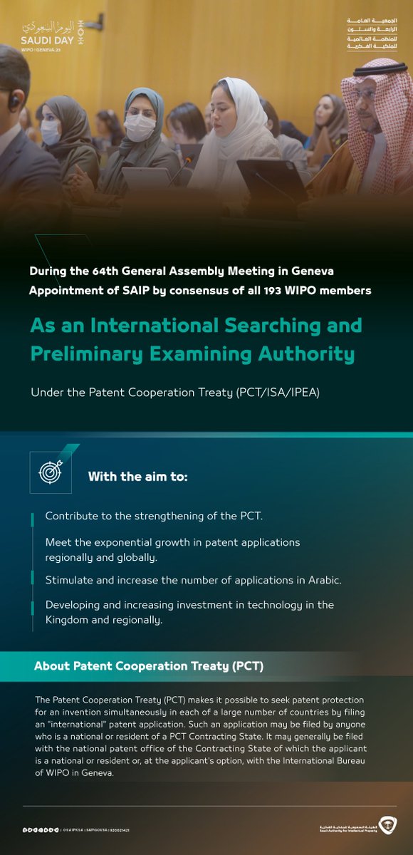 Appointment of #SAIP as an International Searching and Preliminary Examining Authority under the Patent cooperation treaty.
#wipoGA