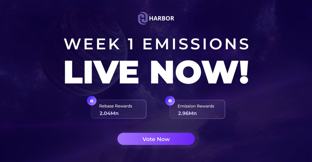 HARBOR Emissions are now LIVE!

Week1 HARBOR Emissions:
Rebase Rewards: 2.04Mn
Emissions Rewards: 2.96Mn

How to earn Rewards:
Use your voting power to direct emissions towards CMST vaults on Harbor or CMST paired pools on <a href="/cSwap_DEX/">cSwap DEX</a>.

Explore: app.harborprotocol.one