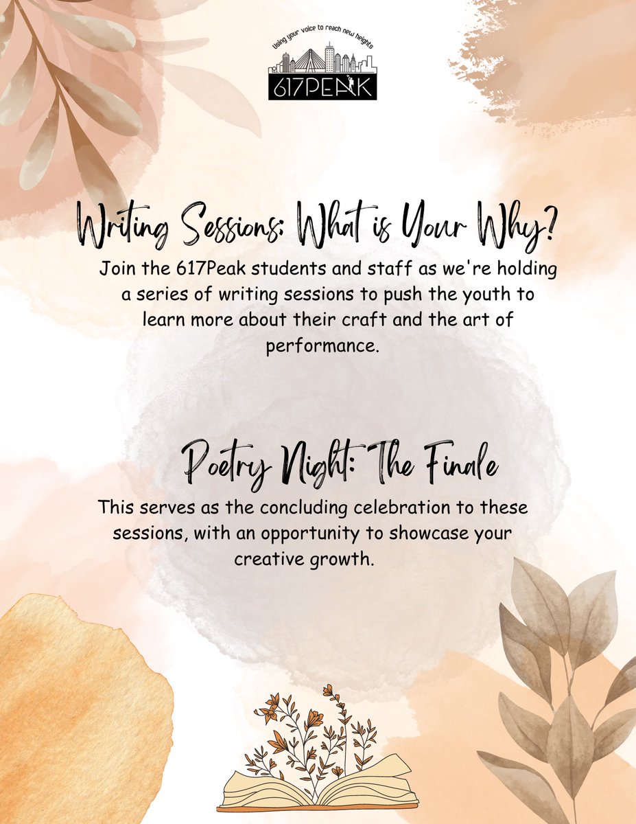 617Peak's tweet photo. THIS FRIDAY, JULY 14th, 617Peak is hosting a poetry/creative writing workshop at Zaz in Hyde Park from 6-9!📚Doors will open at 5:45, tell a friend to tell a friend! AGES 14-19! Link to register below⬇️ 

https://t.co/7DHKoL8wUT https://t.co/mxdmMHWhJl