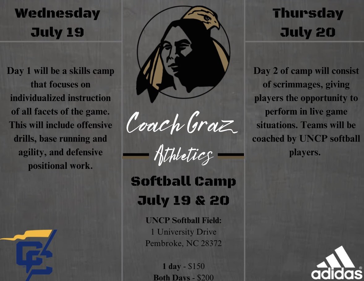🚨 A little over a week left to sign up for our two-day camp next week! Check out the details and link below! 

Day 1- 10:00 AM-3/3:30 PM
Day 2- 9:00 AM-4:00 PM

…cpembrokesoftballcamps.totalcamps.com