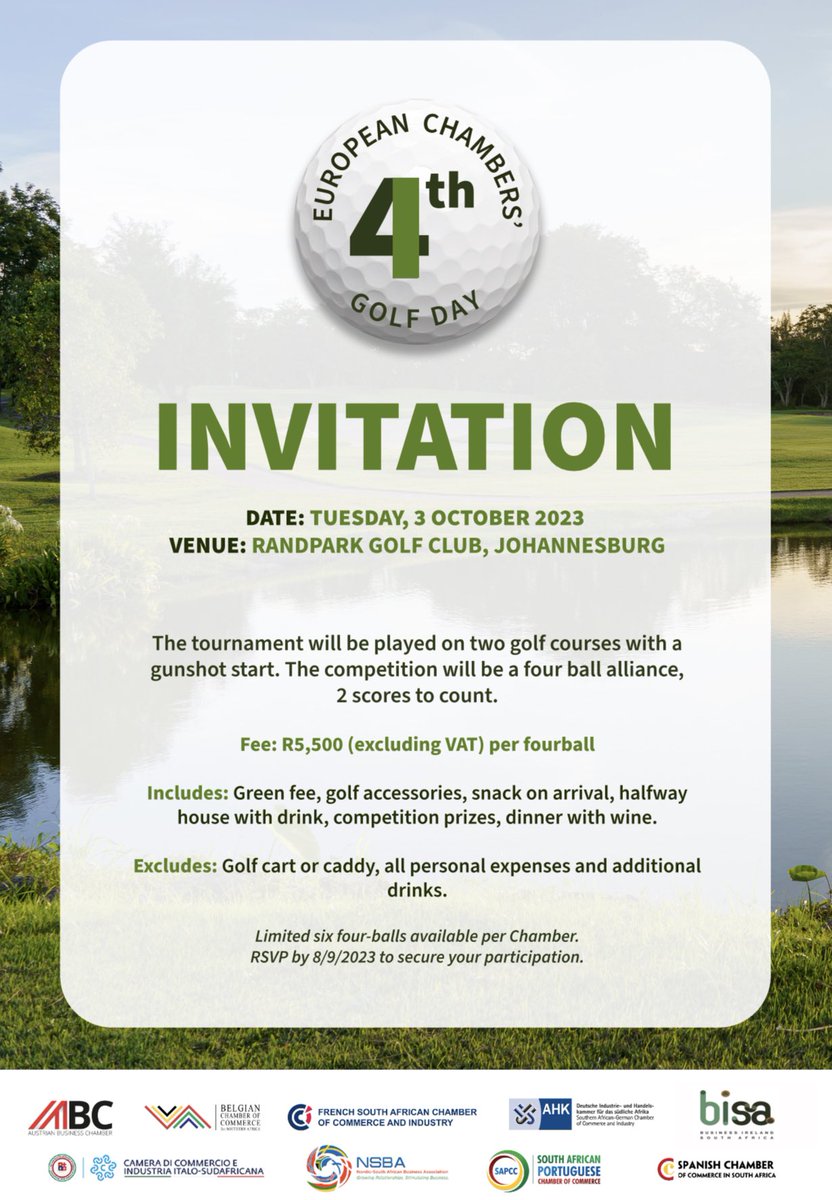 Business Ireland South Africa is pleased to announce that the 4th European Chambers' Golf Day in Johannesburg will be held on Tuesday, 3 October 2023.

Mark your calendars and get ready for an unforgettable day of golfing excellence, networking, and camaraderie.