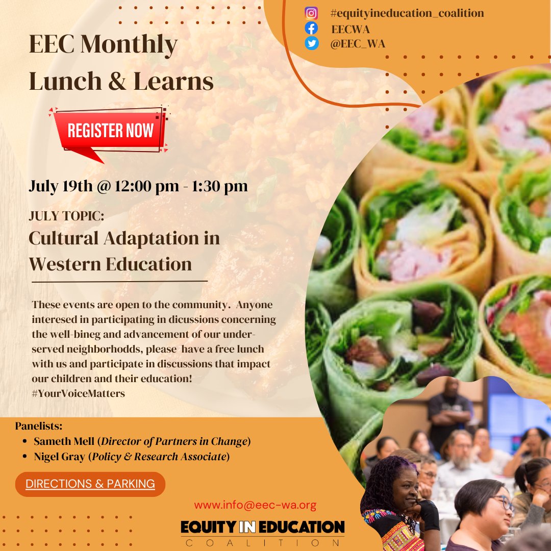We're hosting monthly Lunch and Learns! A free event, bringing the community together to discuss issues that directly effect us, gain insight, and educate (and be educated by) one another. Register Here: eec-wa.org/event/cultural… Register here: eec-wa.org/event/cultural…