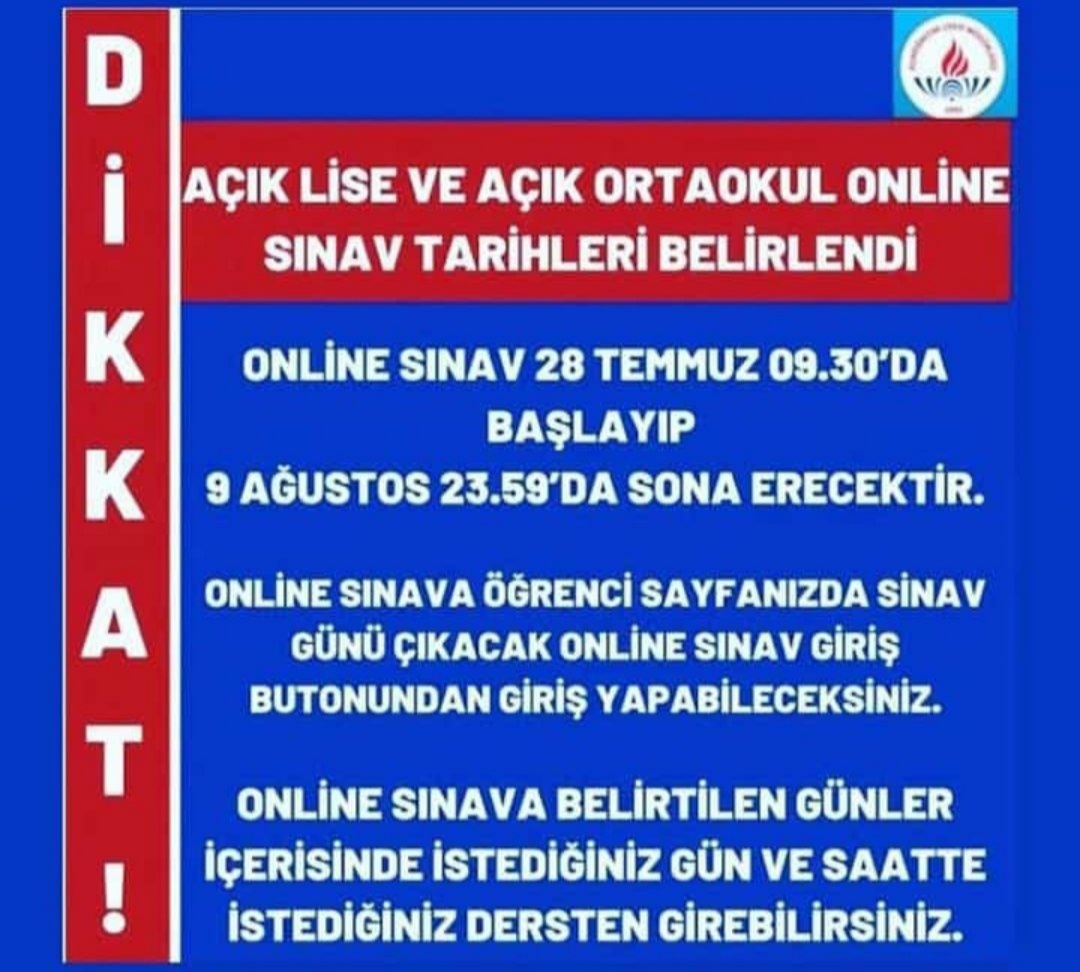 Açık Öğretim Lisesi  ve Açık Öğretim Ortaokulu online sınav tarihleri belirlenmiştir.
<a href="/ibrhim_Arslan/">ibrahim Arslan</a>
<a href="/OrhanOzen_25/">Orhan ÖZEN</a>