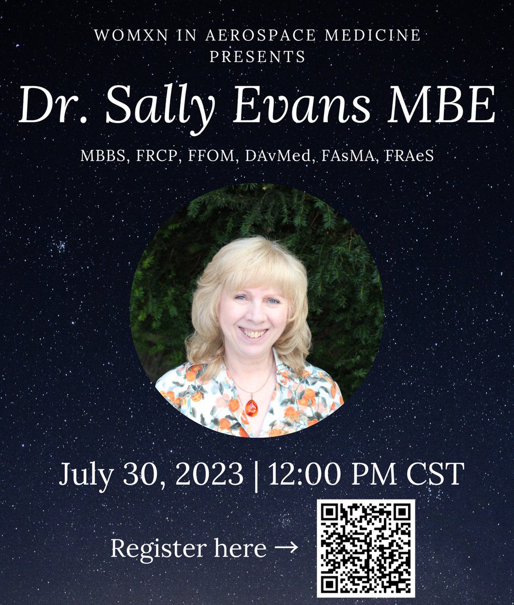 Webinar link in bio! We are delighted with our next speaker, Dr. Sally Evans, who will be talking to us on 30th of July, at 12pm central. Among many other things, Dr. Evans is the Secretary-General of the International Academy of Aviation and Space Medicine #space #medicine