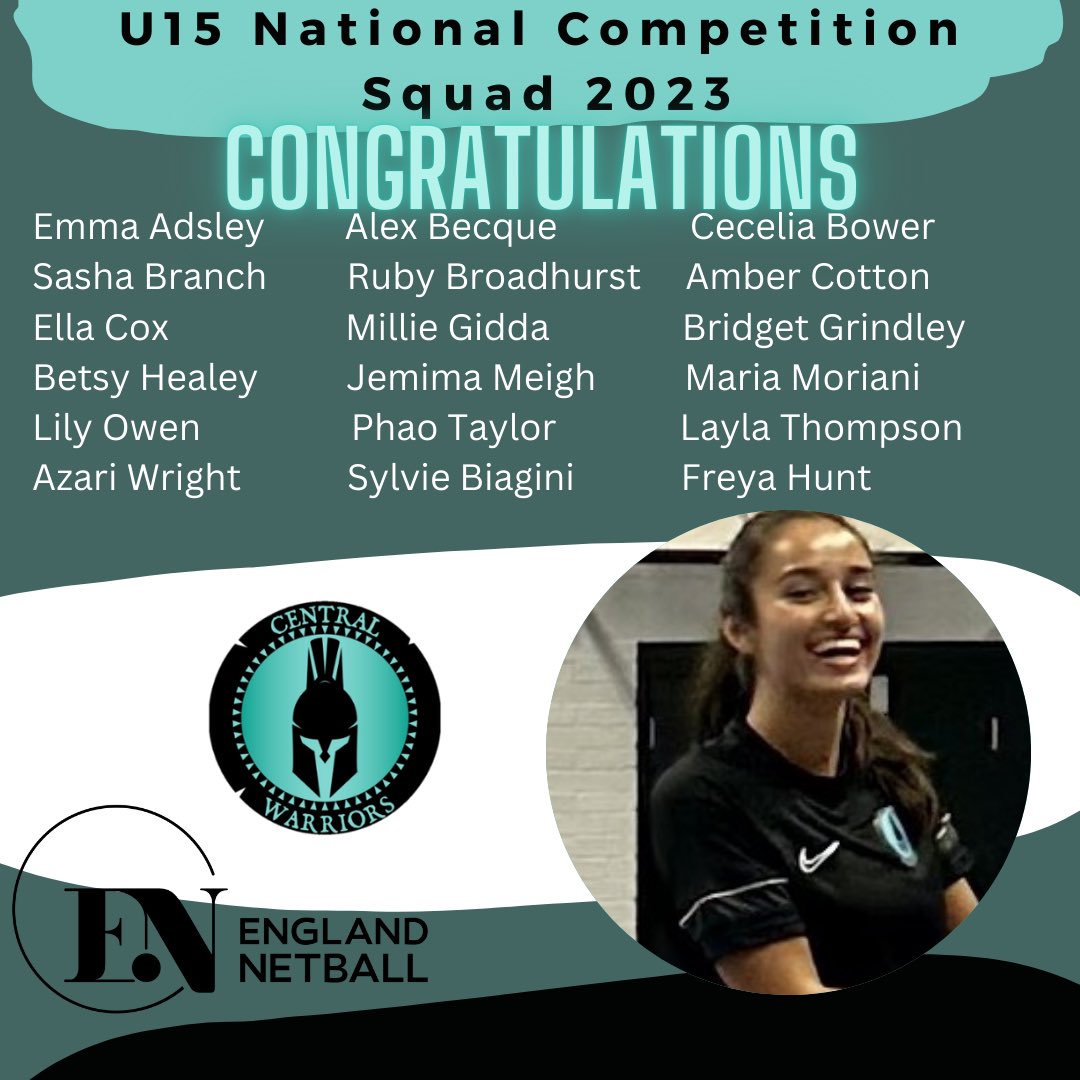 Amends: Congratulations to the athletes selected below to represent Central Warriors at the U15 National Competition.. 
For trials information click below centralwarriors.englandnetball.org
#WeAreWarriors⚔️